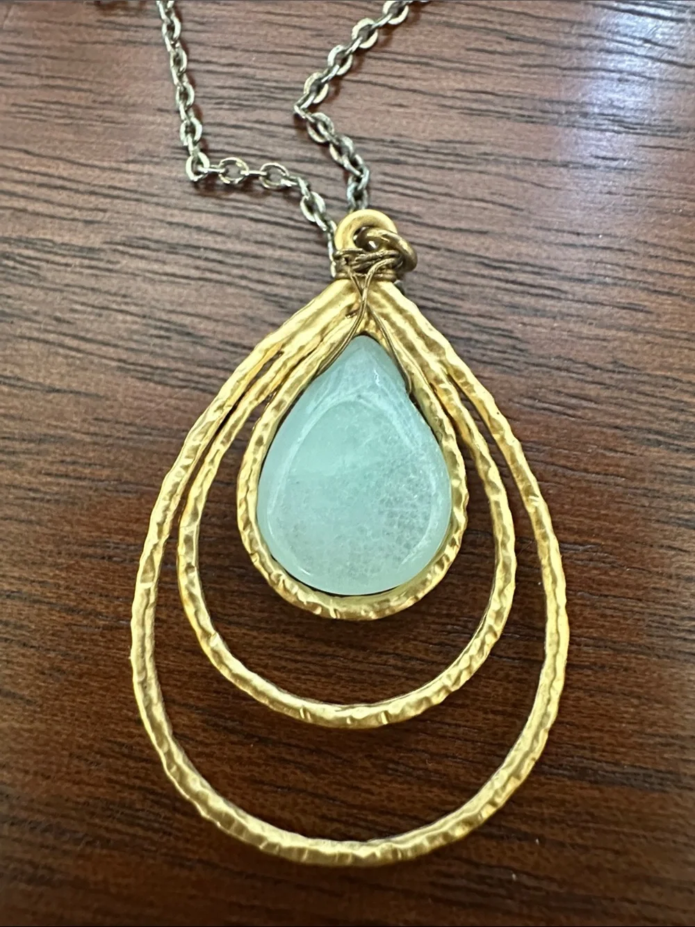 Gold Teardrop Pendant Necklace with blue green Stone - Women Jewelry